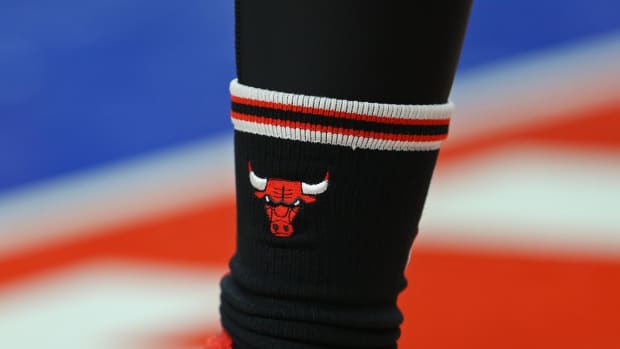 A view of the Chicago Bulls logo on a pair of official Stance socks at The Palace of Auburn Hills. The Pistons won 102-91.